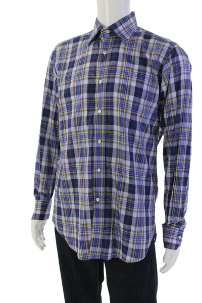 Etro Mens Button Front Long Sleeve Collared Plaid Shirt Blue Cotton Size 40