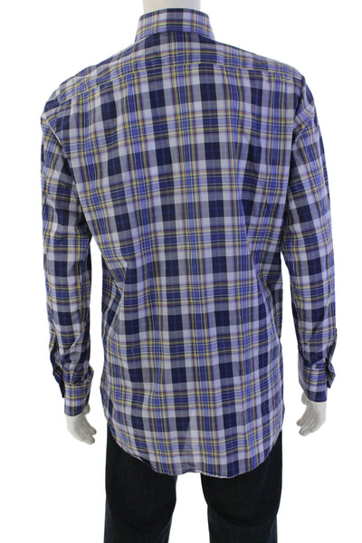 Etro Mens Button Front Long Sleeve Collared Plaid Shirt Blue Cotton Size 40