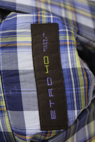 Etro Mens Button Front Long Sleeve Collared Plaid Shirt Blue Cotton Size 40