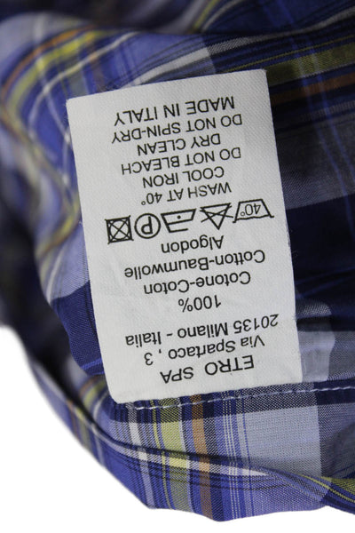Etro Mens Button Front Long Sleeve Collared Plaid Shirt Blue Cotton Size 40