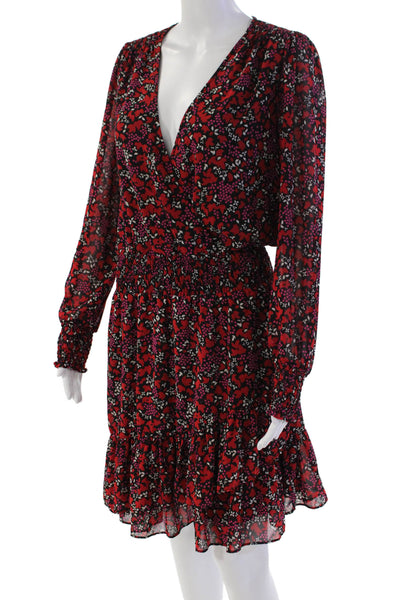Michael Michael Kors Womens Floral Long Sleeve V-Neck Mini Dress Red Size M