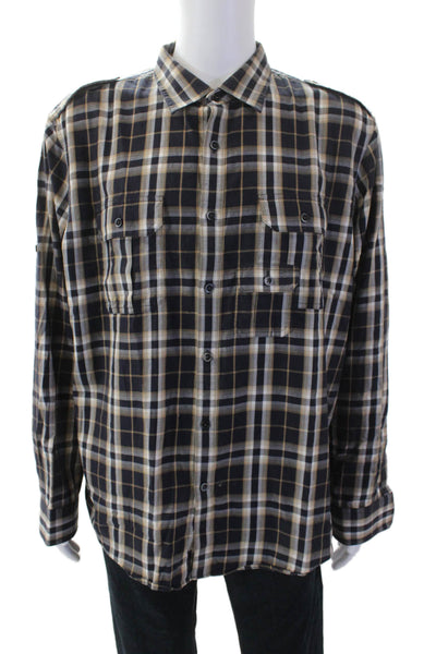 Michael Kors Mens Plaid Button Down Shirt Black Brown Size Extra Extra Large