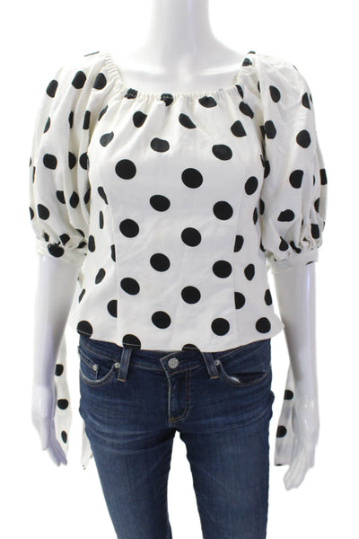 CeCe Womens Short Sleeve Off Shoulder Polka Dot Shirt White Black Cotton Size XS