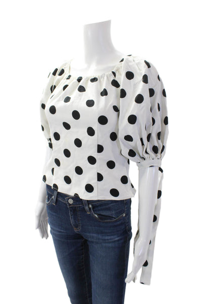 CeCe Womens Short Sleeve Off Shoulder Polka Dot Shirt White Black Cotton Size XS