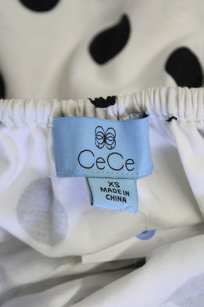 CeCe Womens Short Sleeve Off Shoulder Polka Dot Shirt White Black Cotton Size XS