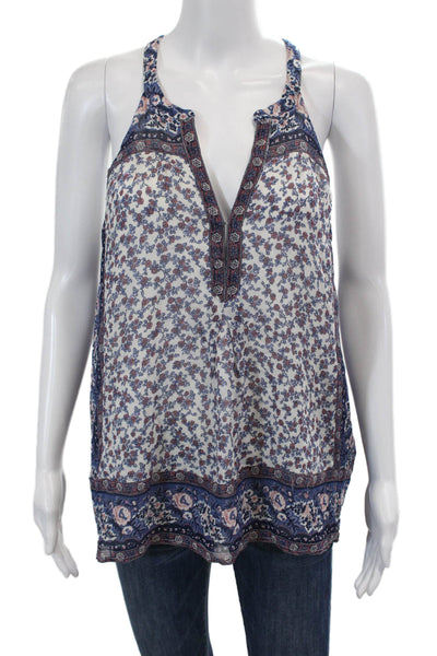 Joie Womens Sleeveless V Neck Floral Silk Boxy Blouse White Blue Pink Medium