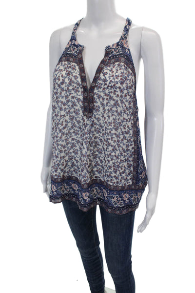 Joie Womens Sleeveless V Neck Floral Silk Boxy Blouse White Blue Pink Medium