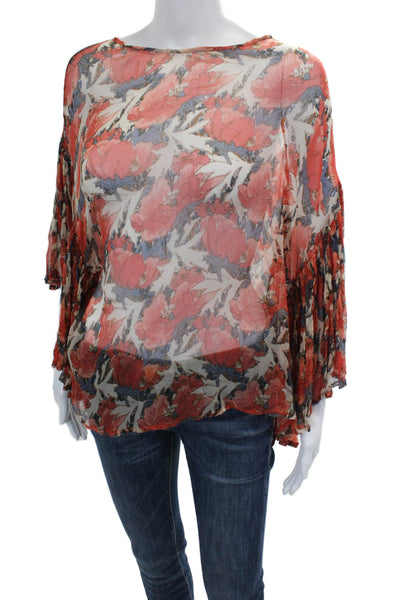 Mes Demoiselles Womens 3/4 Flare Sleeve Floral Sheer Blouse White Orange FR 38