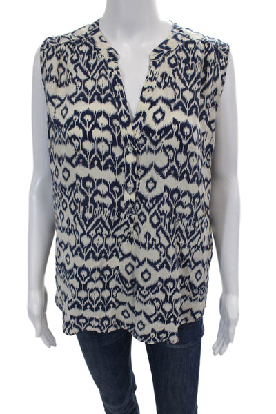 Brochu Walker Womens Sleeveless V Neck Geometric Silk Top White Navy Size Large