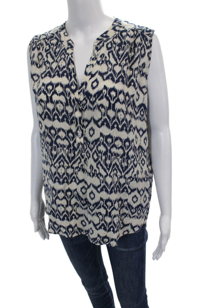 Brochu Walker Womens Sleeveless V Neck Geometric Silk Top White Navy Size Large