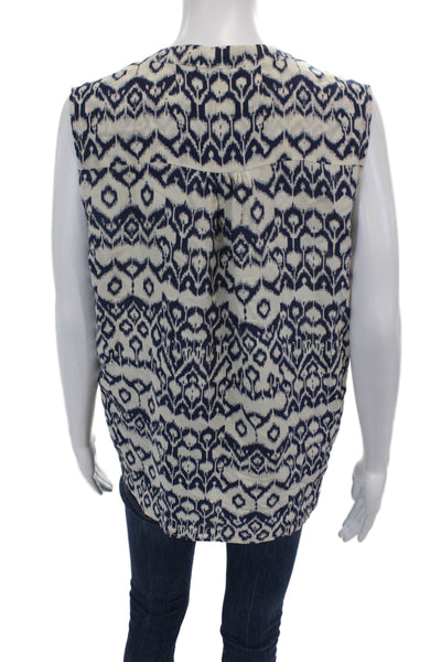 Brochu Walker Womens Sleeveless V Neck Geometric Silk Top White Navy Size Large