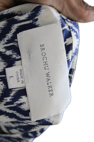 Brochu Walker Womens Sleeveless V Neck Geometric Silk Top White Navy Size Large