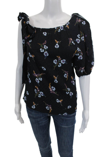 Rebecca Taylor Womens Tie One Shoulder Floral Silk Blouse Navy Blue Size 12