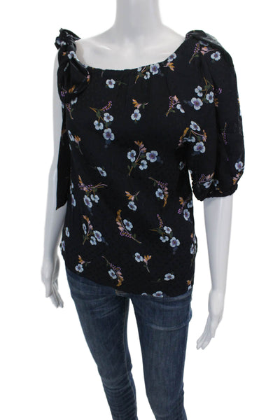 Rebecca Taylor Womens Tie One Shoulder Floral Silk Blouse Navy Blue Size 12