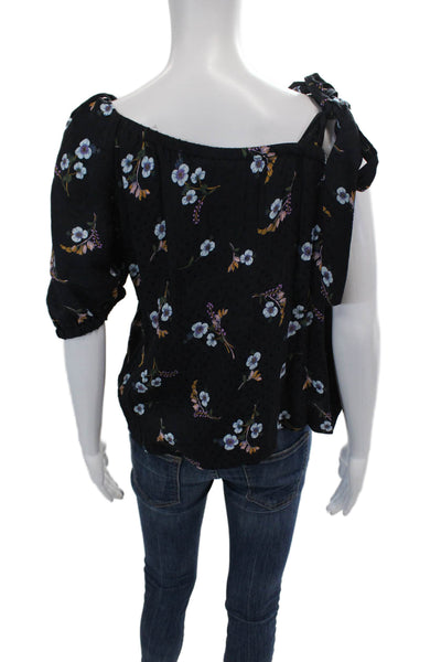 Rebecca Taylor Womens Tie One Shoulder Floral Silk Blouse Navy Blue Size 12