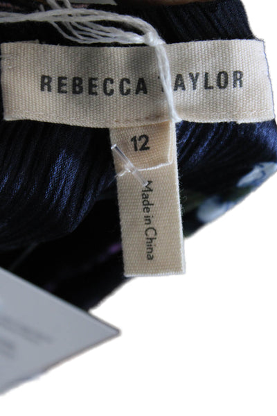 Rebecca Taylor Womens Tie One Shoulder Floral Silk Blouse Navy Blue Size 12