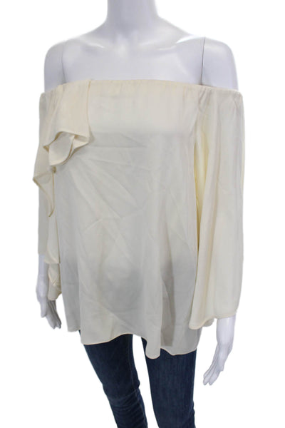 Halston Heritage Womens Off Shoulder Flare Half Sleeve Silk Blouse White Size 10