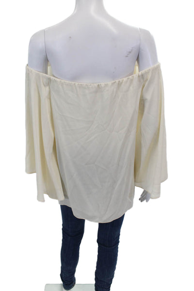 Halston Heritage Womens Off Shoulder Flare Half Sleeve Silk Blouse White Size 10