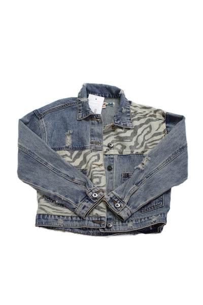 Vintage Havana Womens Button Front Distressed Camouflage Jean Jacket Blue Small