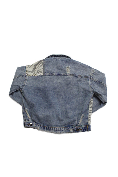 Vintage Havana Womens Button Front Distressed Camouflage Jean Jacket Blue Small