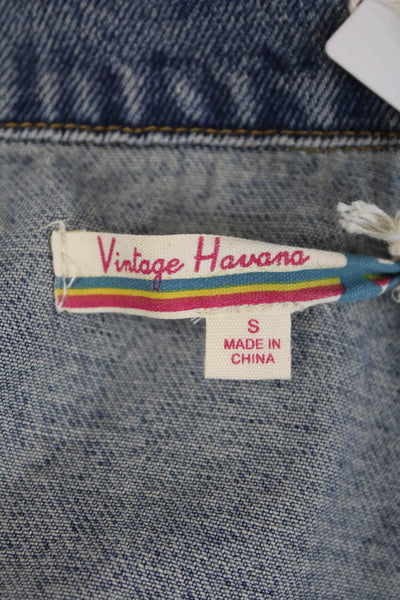 Vintage Havana Womens Button Front Distressed Camouflage Jean Jacket Blue Small