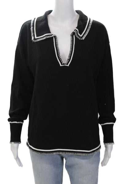 SNDYS. Womens Long Sleeve Collared Contrast Stitching Sweater Black Size S