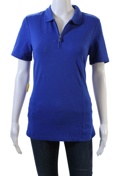 Renuar Womens Cotton Collared Short Sleeve Zip Up Polo Shirt Blue Size S