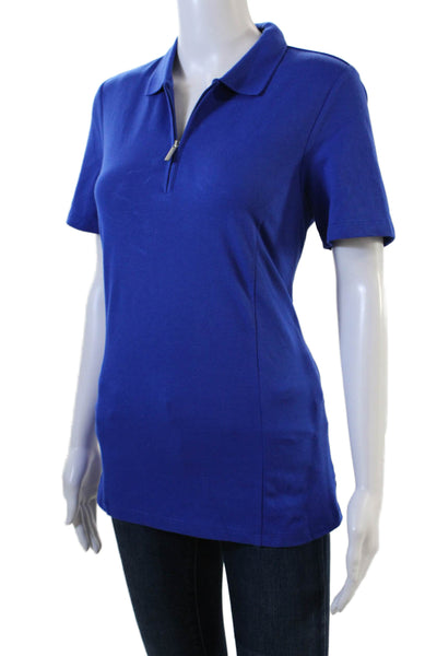 Renuar Womens Cotton Collared Short Sleeve Zip Up Polo Shirt Blue Size S