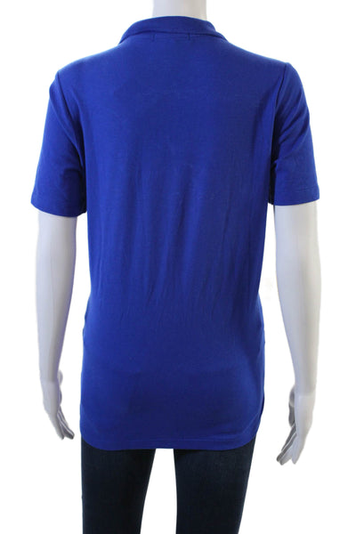 Renuar Womens Cotton Collared Short Sleeve Zip Up Polo Shirt Blue Size S