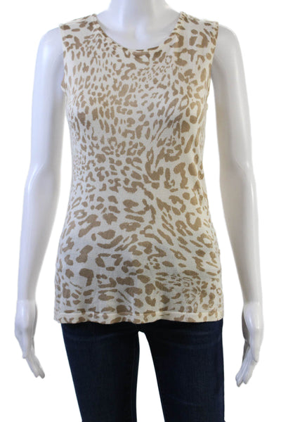 Magaschoni Womens Scoop Neck Leopard Print Silk Knit Tank Top White Brown Small