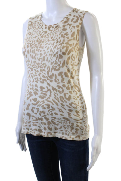 Magaschoni Womens Scoop Neck Leopard Print Silk Knit Tank Top White Brown Small