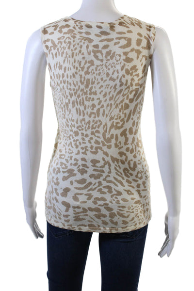 Magaschoni Womens Scoop Neck Leopard Print Silk Knit Tank Top White Brown Small