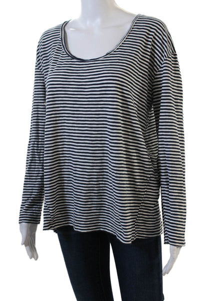 Closed Womens Long Sleeve Scoop Neck Striped Tee Shirt White Navy Cotton Large