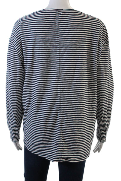 Closed Womens Long Sleeve Scoop Neck Striped Tee Shirt White Navy Cotton Large