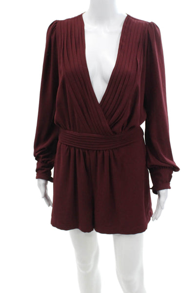 Very J Womens Pleated Two Pocket V-Neck Long Sleeve Romper Burgundy Size L