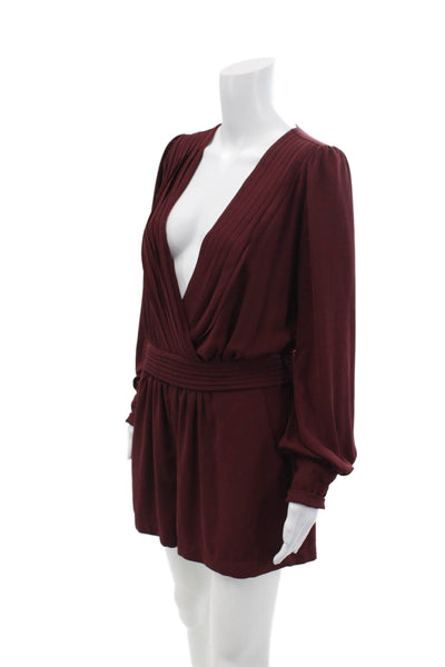 Very J Womens Pleated Two Pocket V-Neck Long Sleeve Romper Burgundy Size L