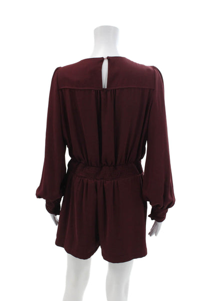Very J Womens Pleated Two Pocket V-Neck Long Sleeve Romper Burgundy Size L