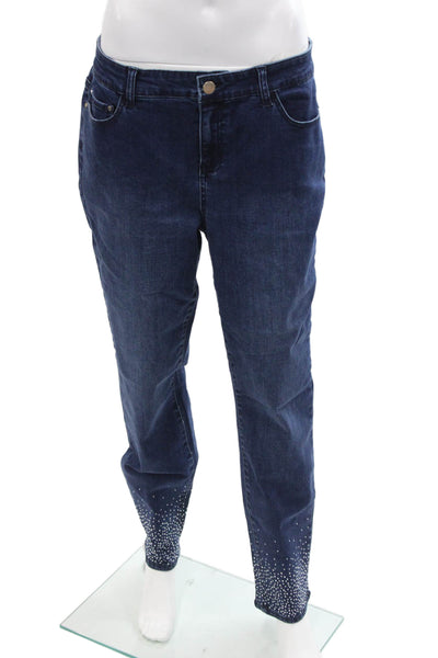 Renuar Womens Cotton Blend Crystal Detail Mid-Rise Tapered Jeans Blue Size 2