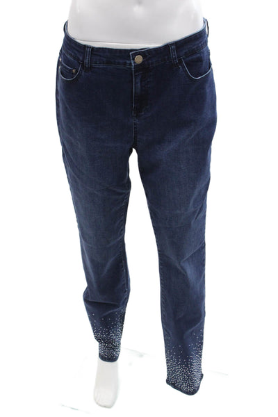 Renuar Womens Cotton Blend Crystal Detail Mid-Rise Tapered Jeans Blue Size 0