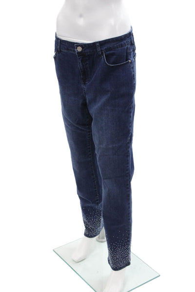 Renuar Womens Cotton Blend Crystal Detail Mid-Rise Tapered Jeans Blue Size 0