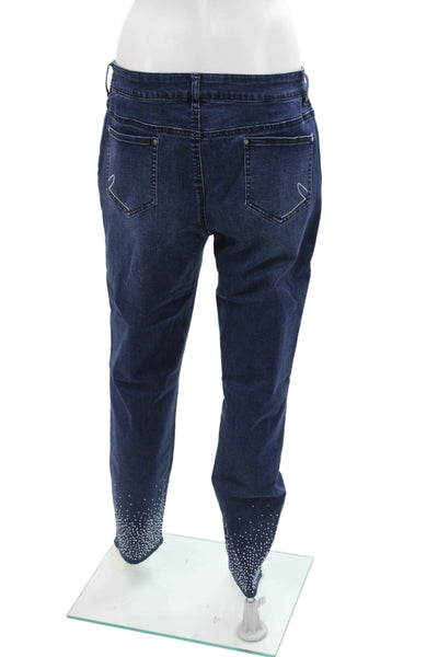 Renuar Womens Cotton Blend Crystal Detail Mid-Rise Tapered Jeans Blue Size 0