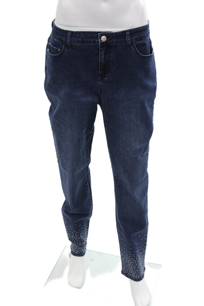 Renuar Womens Cotton Blend Crystal Detail Mid-Rise Tapered Jeans Blue Size 8