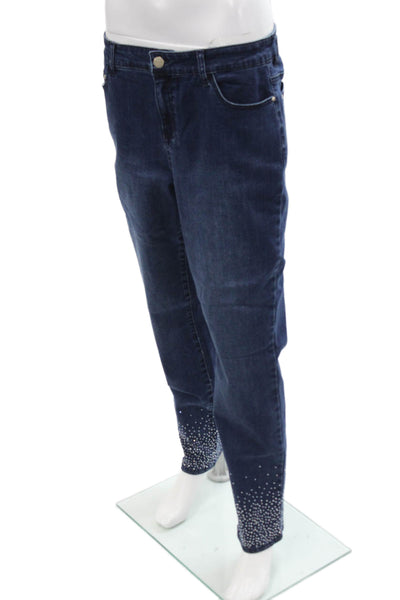 Renuar Womens Cotton Blend Crystal Detail Mid-Rise Tapered Jeans Blue Size 8