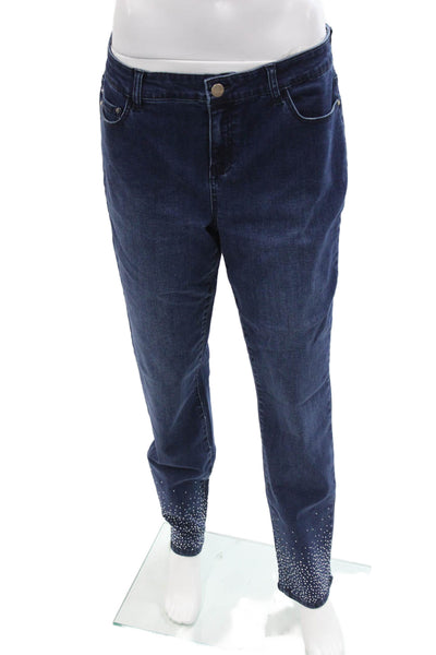 Renuar Womens Cotton Blend Crystal Detail Mid-Rise Tapered Jeans Blue Size 10