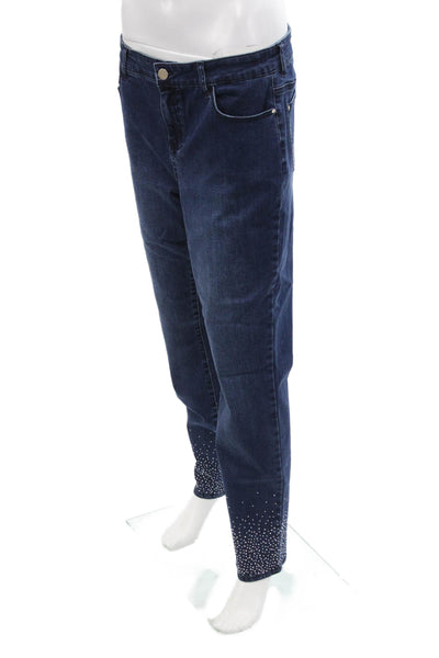 Renuar Womens Cotton Blend Crystal Detail Mid-Rise Tapered Jeans Blue Size 10