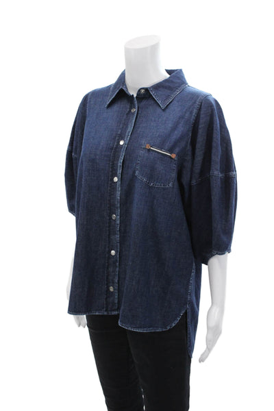 Lorena Antoniazzi Womens Cotton Short Sleeve Denim Blouse Top Navy Size 48