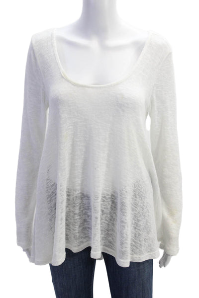 PPLA Womens Long Sleeve Scoop Neck Open Knit Sweater White Cotton Size Medium