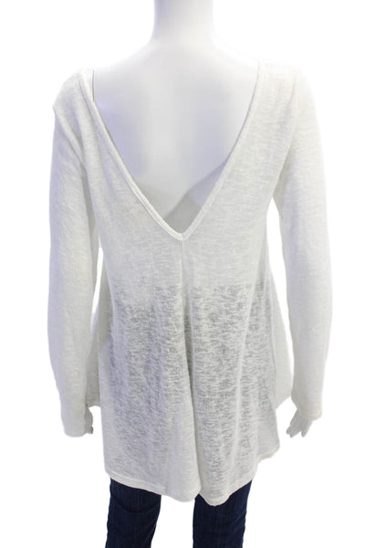 PPLA Womens Long Sleeve Scoop Neck Open Knit Sweater White Cotton Size Medium