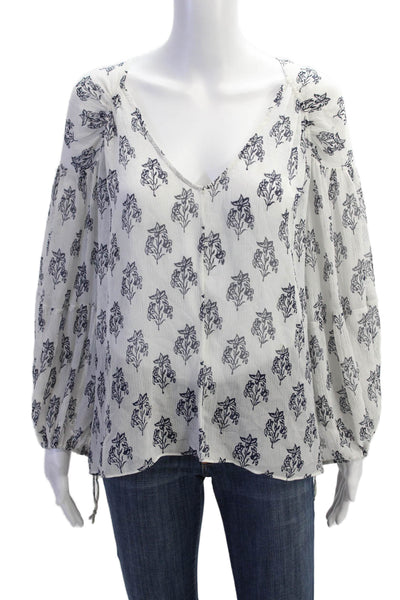 ALC Womens Long Sleeve V Neck Floral Silk Sheer Blouse White Navy Size 8