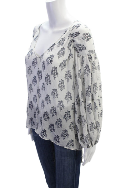 ALC Womens Long Sleeve V Neck Floral Silk Sheer Blouse White Navy Size 8